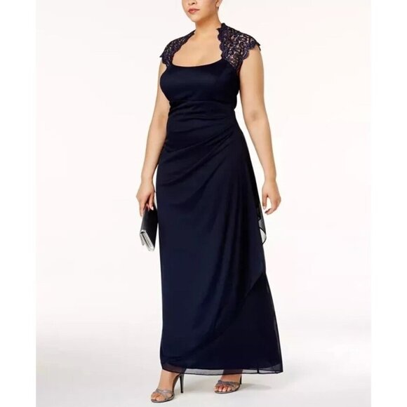 XSCAPE Size 16 Navy Metallic Lace Sleeve Chiffon Ruffled Cascade Gown Dress New - Picture 1 of 12
